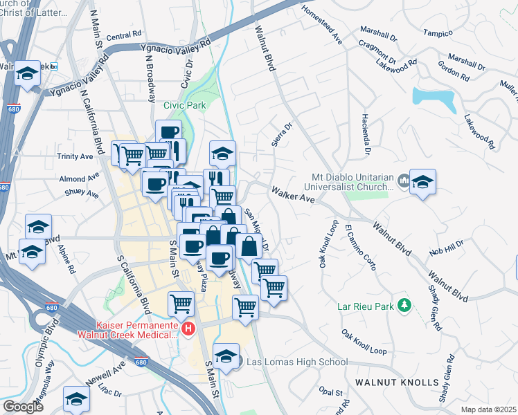 map of restaurants, bars, coffee shops, grocery stores, and more near 1600 San Miguel Drive in Walnut Creek