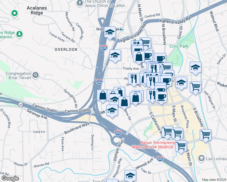map of restaurants, bars, coffee shops, grocery stores, and more near 1954 Shuey Avenue in Walnut Creek