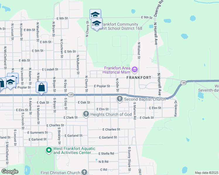 map of restaurants, bars, coffee shops, grocery stores, and more near 1710 East Poplar Street in West Frankfort