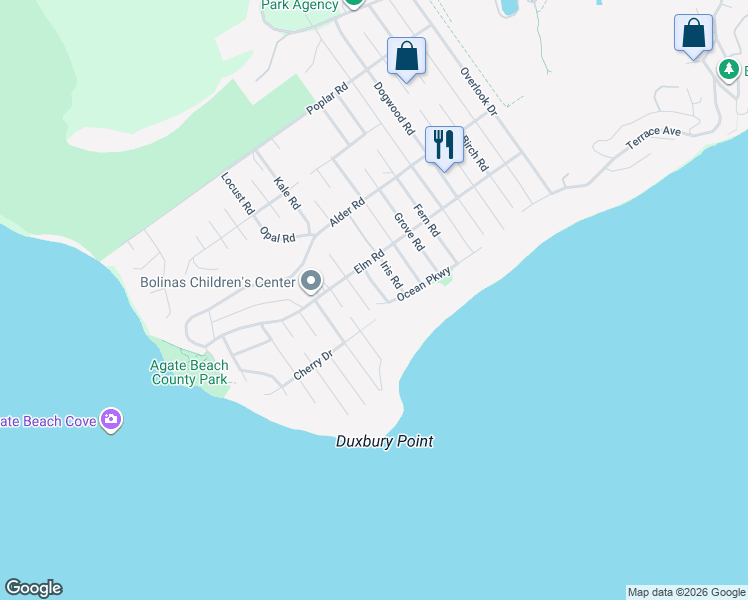 map of restaurants, bars, coffee shops, grocery stores, and more near 118 Kale Road in Bolinas