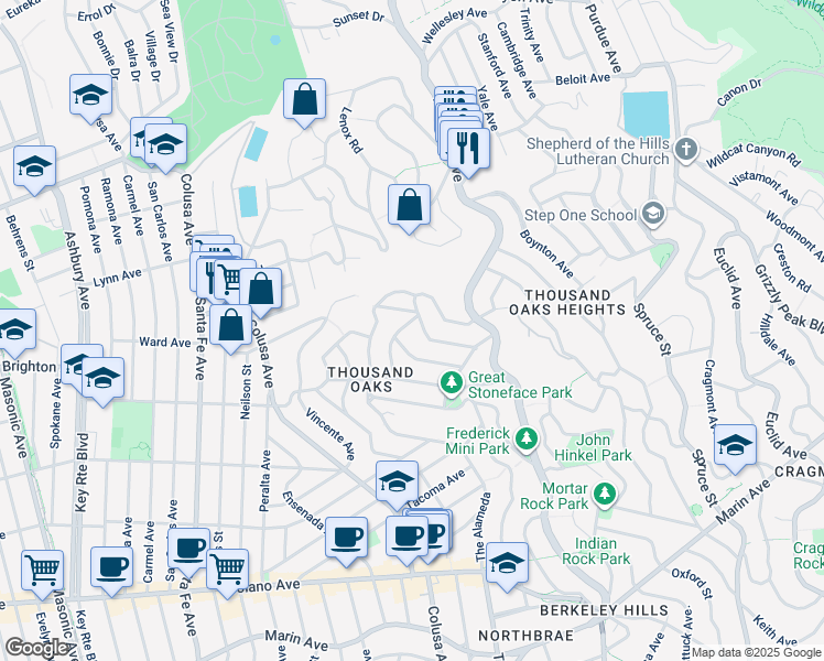 map of restaurants, bars, coffee shops, grocery stores, and more near 551 Santa Clara Avenue in Berkeley