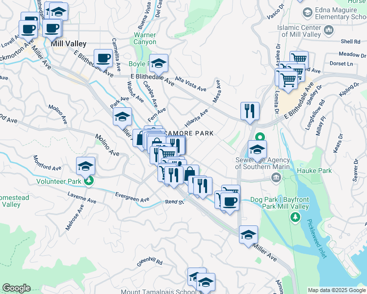 map of restaurants, bars, coffee shops, grocery stores, and more near 116 La Goma Street in Mill Valley