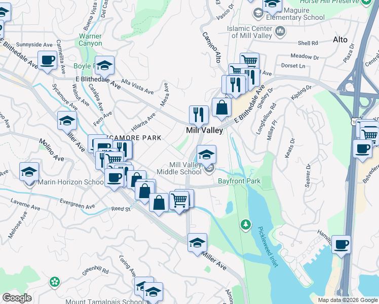 map of restaurants, bars, coffee shops, grocery stores, and more near 75 Ryan Avenue in Mill Valley