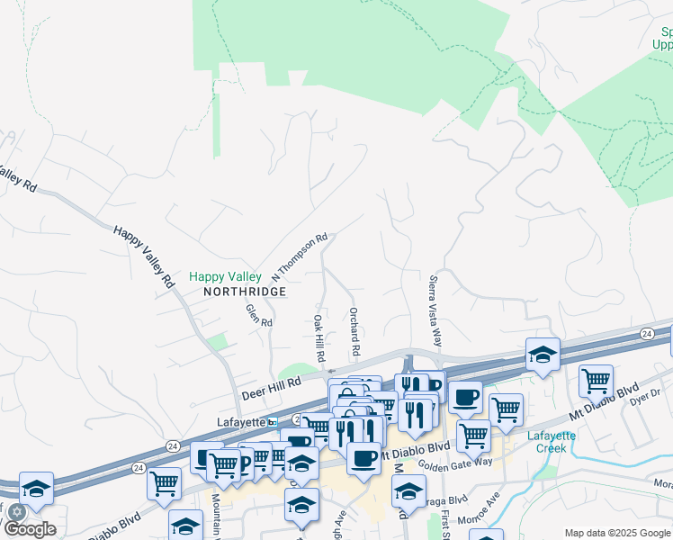 map of restaurants, bars, coffee shops, grocery stores, and more near 1138 Orchard Road in Lafayette