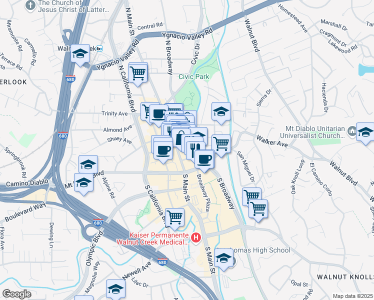 map of restaurants, bars, coffee shops, grocery stores, and more near 1365 North Broadway in Walnut Creek