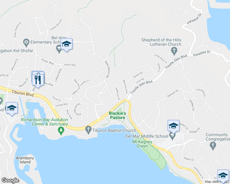 map of restaurants, bars, coffee shops, grocery stores, and more near Irving Court in Tiburon