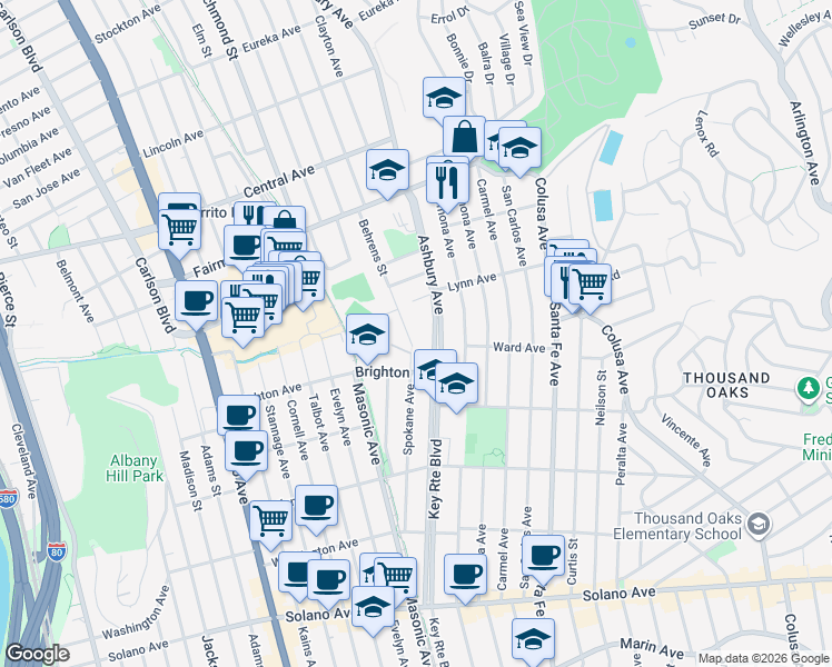 map of restaurants, bars, coffee shops, grocery stores, and more near 112 Behrens Street in El Cerrito