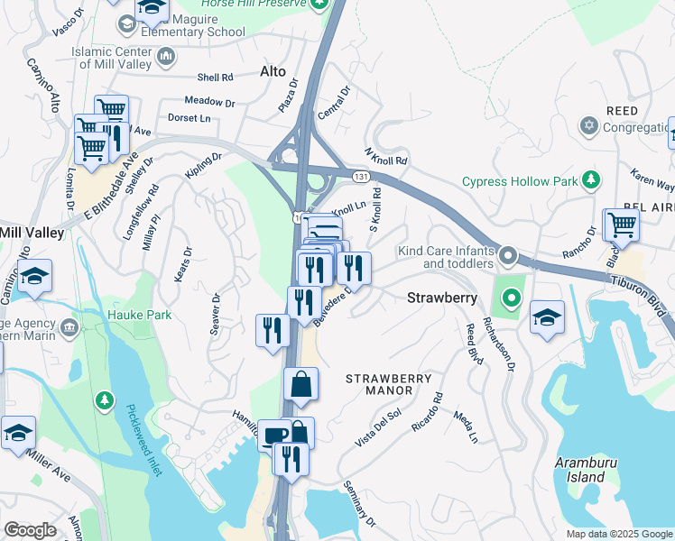 map of restaurants, bars, coffee shops, grocery stores, and more near 600 Strawberry Village in Mill Valley