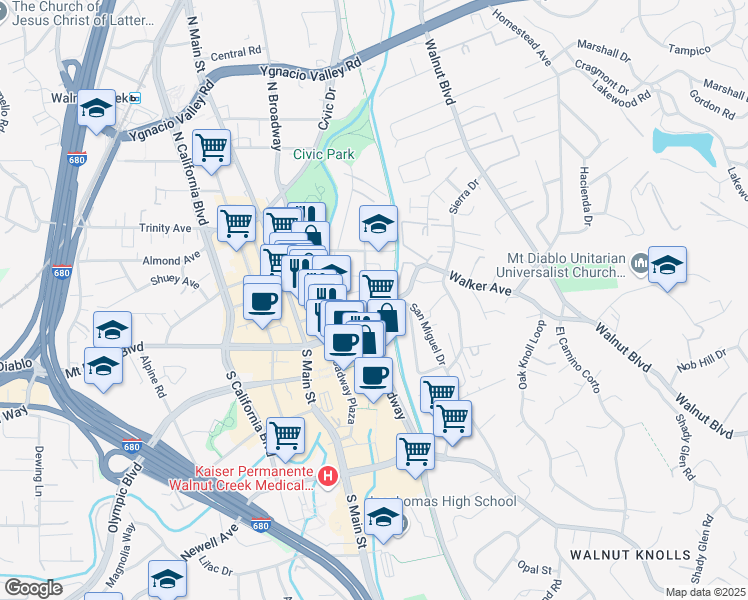 map of restaurants, bars, coffee shops, grocery stores, and more near 1180 Mount Diablo Boulevard in Walnut Creek