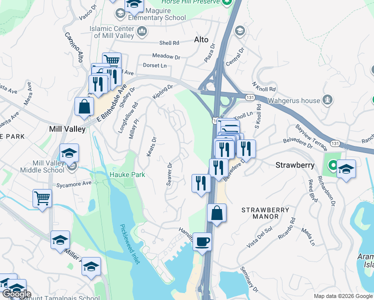 map of restaurants, bars, coffee shops, grocery stores, and more near 9 Wordsworth Court in Mill Valley