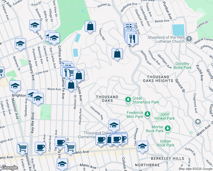 map of restaurants, bars, coffee shops, grocery stores, and more near 560 The Alameda in Berkeley