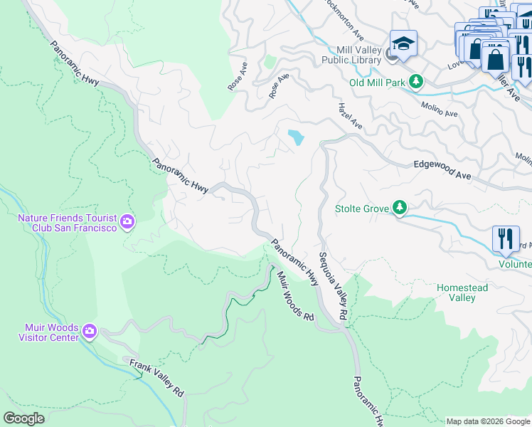 map of restaurants, bars, coffee shops, grocery stores, and more near 10 Kent Way in Mill Valley