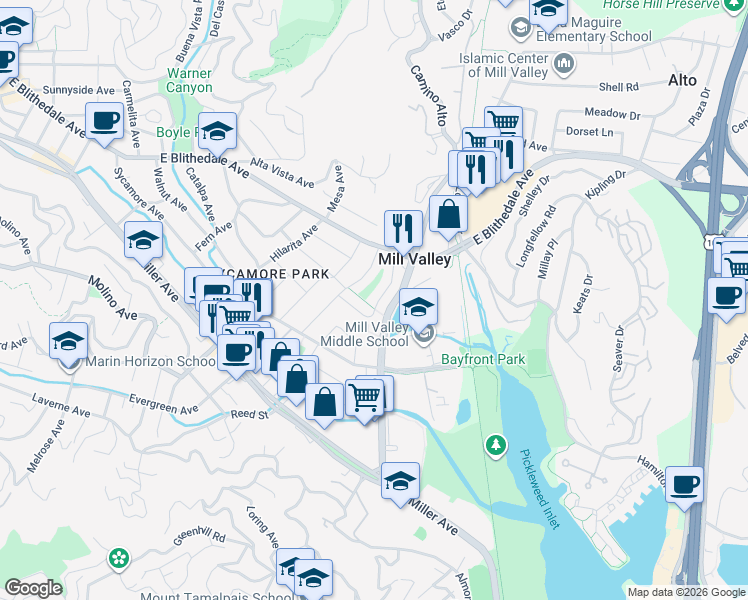 map of restaurants, bars, coffee shops, grocery stores, and more near 75 Ryan Avenue in Mill Valley