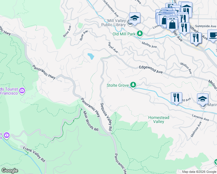 map of restaurants, bars, coffee shops, grocery stores, and more near 61 Castle Rock Drive in Mill Valley