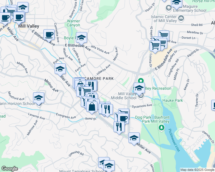 map of restaurants, bars, coffee shops, grocery stores, and more near 34 Amicita Avenue in Mill Valley