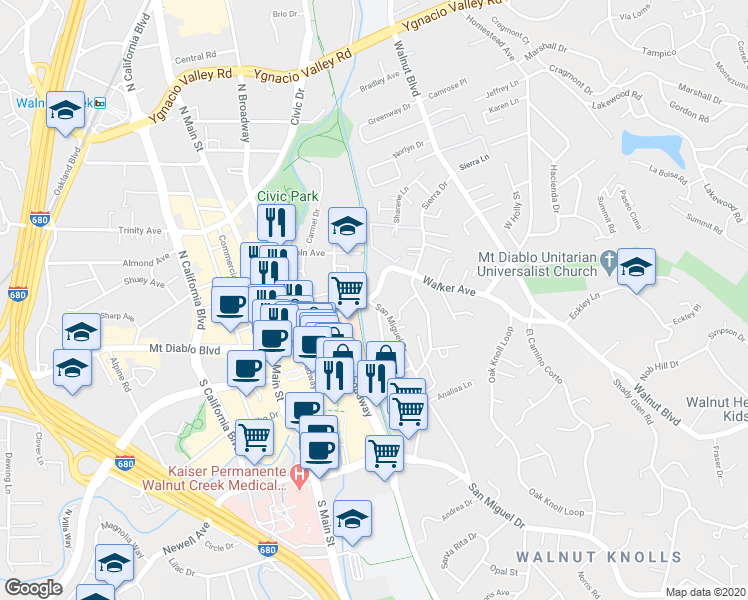 map of restaurants, bars, coffee shops, grocery stores, and more near 1648 San Miguel Drive in Walnut Creek
