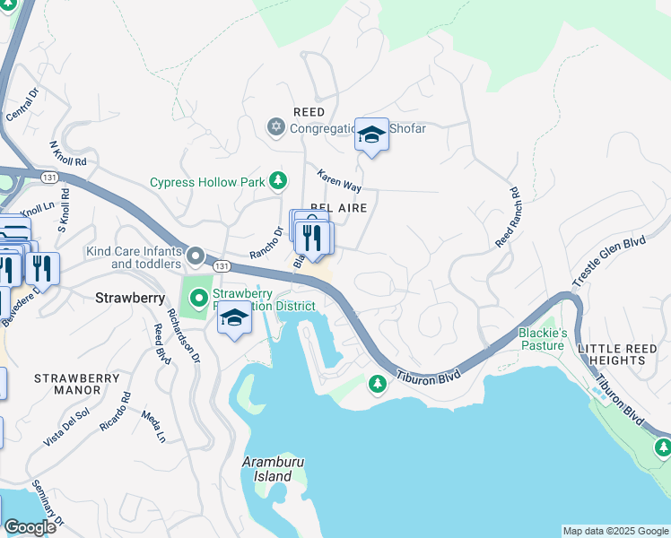map of restaurants, bars, coffee shops, grocery stores, and more near 50 Harriet Way in Tiburon