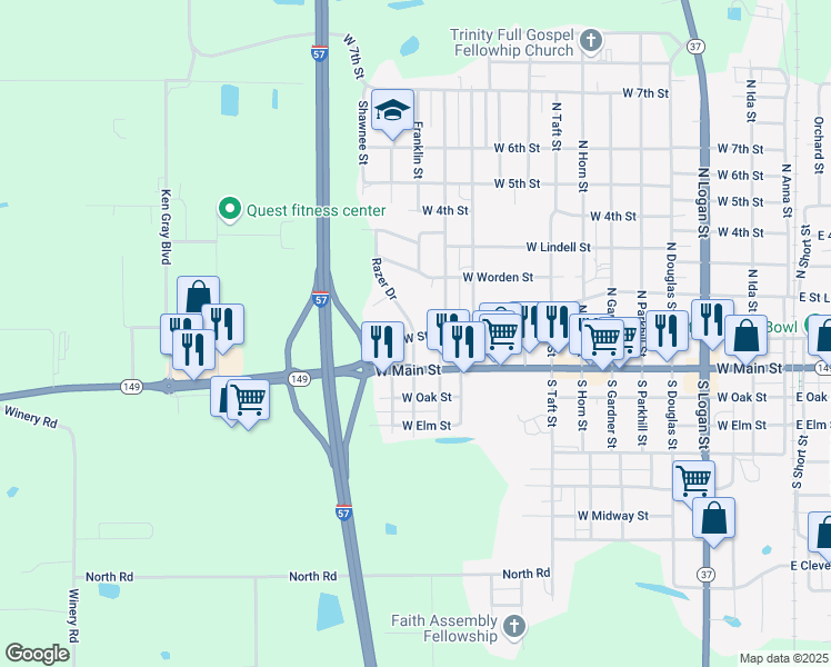 map of restaurants, bars, coffee shops, grocery stores, and more near 1201-1299 West Saint Louis Street in West Frankfort