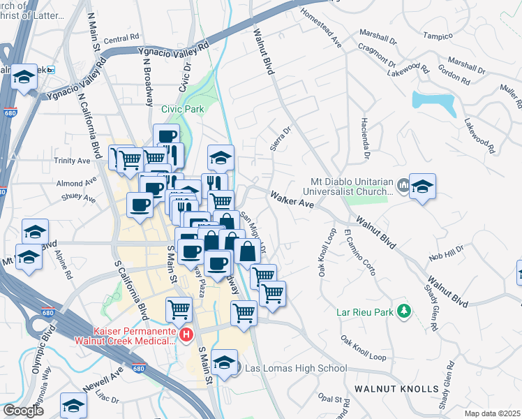 map of restaurants, bars, coffee shops, grocery stores, and more near 1600 San Miguel Drive in Walnut Creek