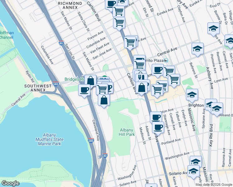 map of restaurants, bars, coffee shops, grocery stores, and more near 3408 Belmont Avenue in El Cerrito