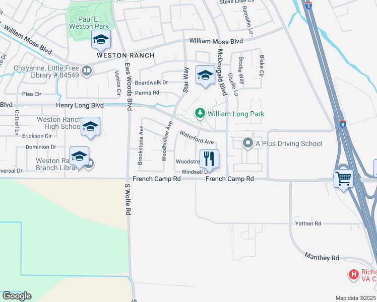 map of restaurants, bars, coffee shops, grocery stores, and more near 4758 Songwood Court in Stockton