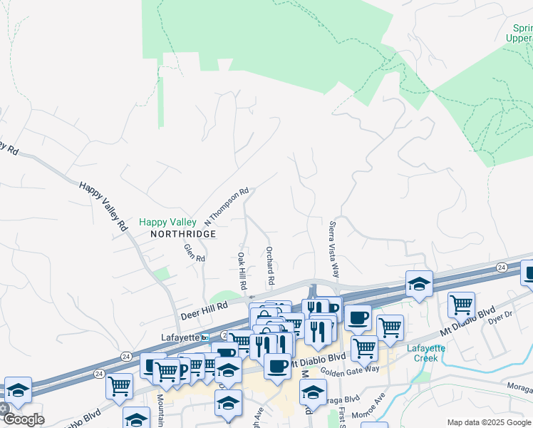 map of restaurants, bars, coffee shops, grocery stores, and more near 1134 Orchard Road in Lafayette