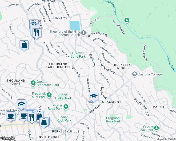map of restaurants, bars, coffee shops, grocery stores, and more near 672 Cragmont Avenue in Berkeley