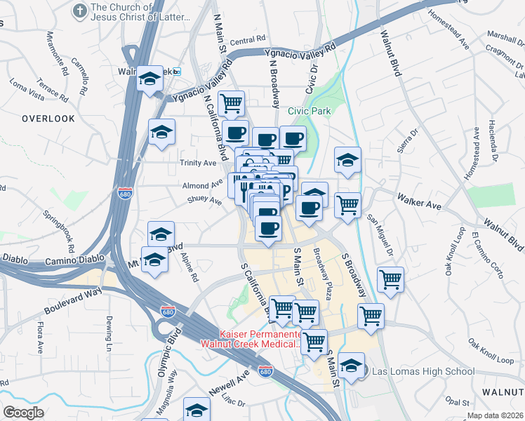 map of restaurants, bars, coffee shops, grocery stores, and more near Locust Street in Walnut Creek