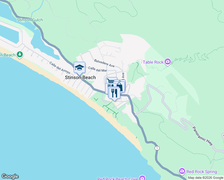 map of restaurants, bars, coffee shops, grocery stores, and more near 123 Calle del Mar in Stinson Beach