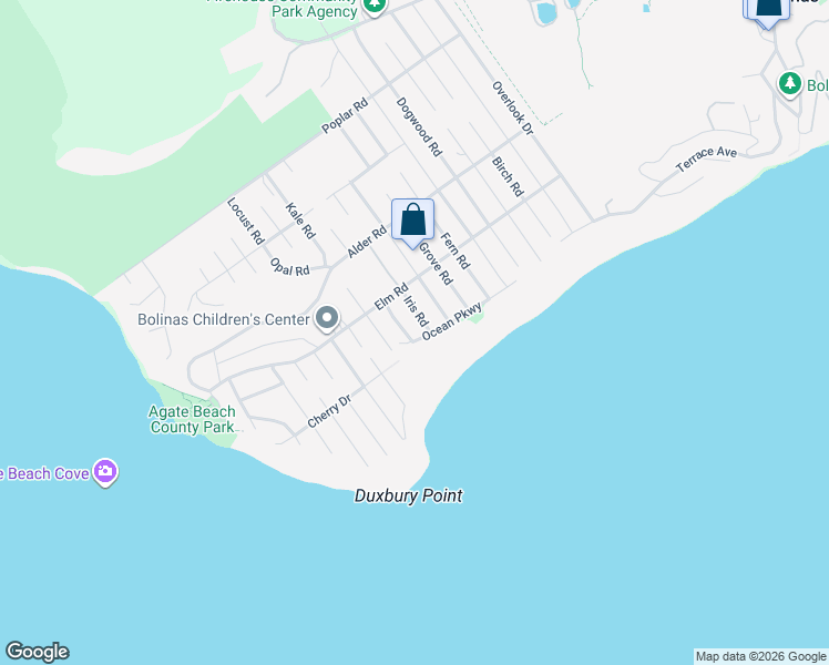 map of restaurants, bars, coffee shops, grocery stores, and more near 118 Kale Road in Bolinas