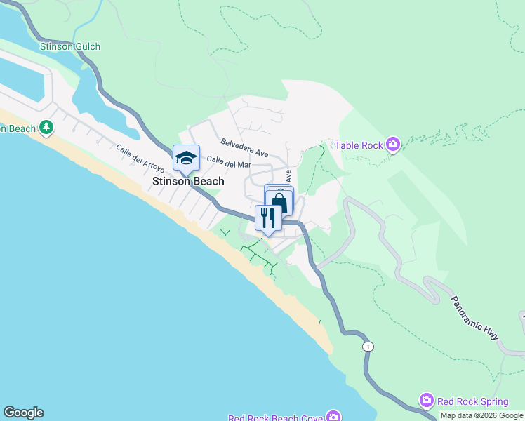 map of restaurants, bars, coffee shops, grocery stores, and more near 123 Calle Del Mar in Stinson Beach