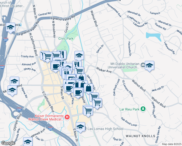 map of restaurants, bars, coffee shops, grocery stores, and more near 1648 San Miguel Drive in Walnut Creek
