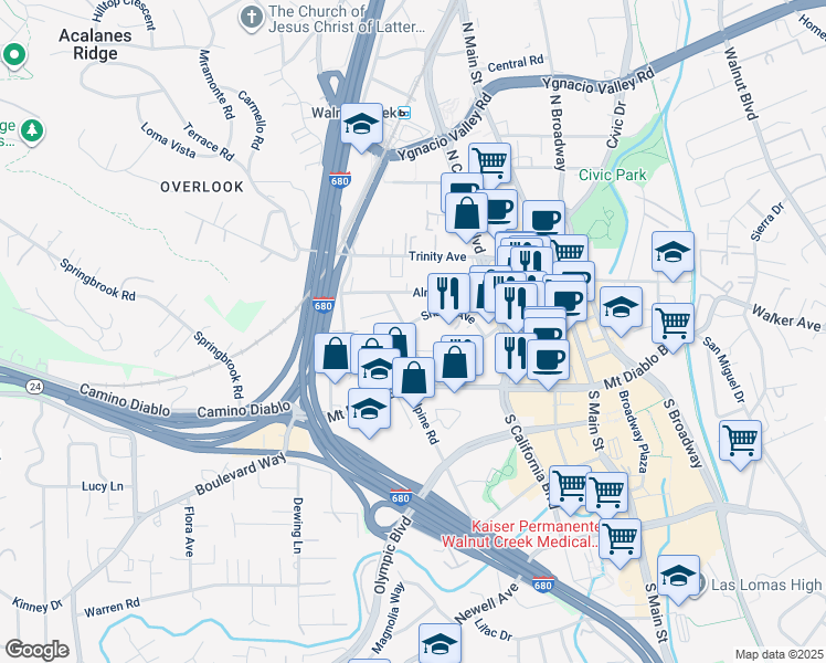 map of restaurants, bars, coffee shops, grocery stores, and more near 1885 Shuey Avenue in Walnut Creek