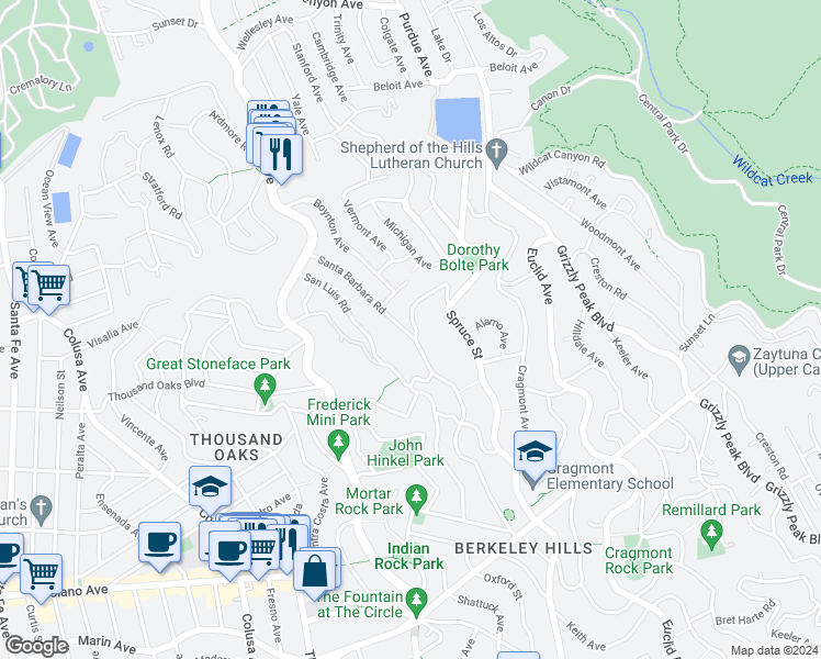 map of restaurants, bars, coffee shops, grocery stores, and more near 647 Santa Barbara Road in Berkeley