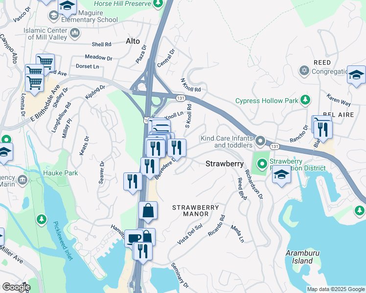 map of restaurants, bars, coffee shops, grocery stores, and more near 105 Belvedere Drive in Mill Valley