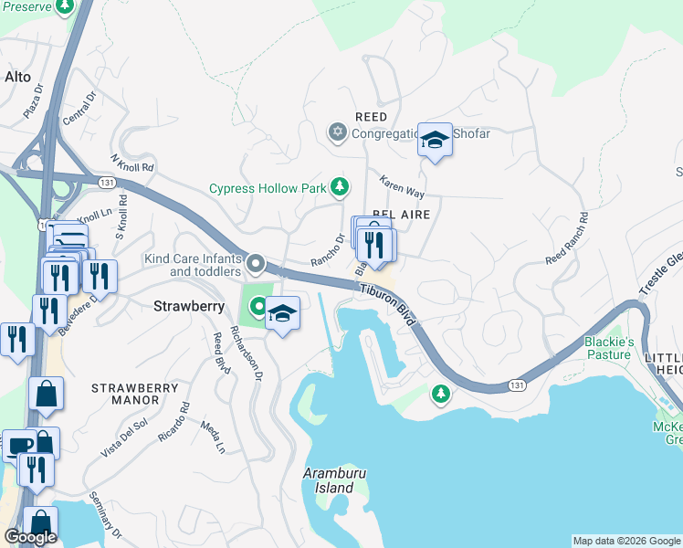 map of restaurants, bars, coffee shops, grocery stores, and more near 30 Pamela Court in Tiburon