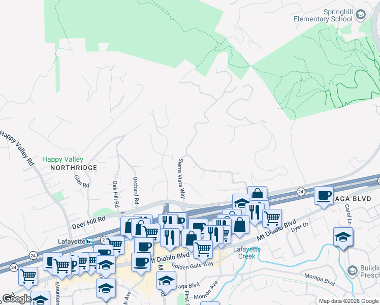 map of restaurants, bars, coffee shops, grocery stores, and more near 1139 Sierra Vista Way in Lafayette