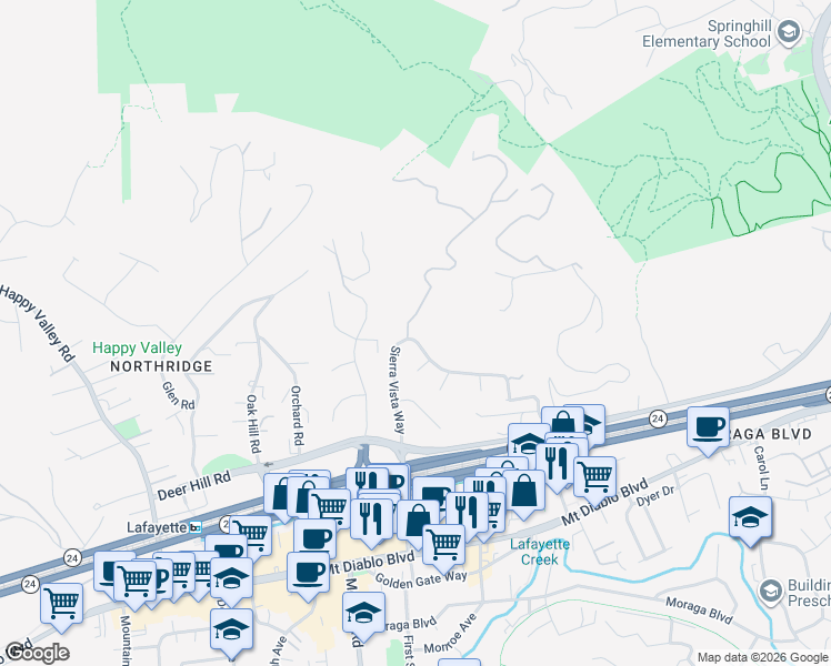 map of restaurants, bars, coffee shops, grocery stores, and more near 1139 Sierra Vista Way in Lafayette