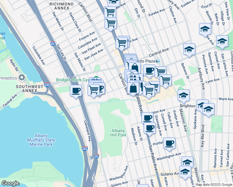 map of restaurants, bars, coffee shops, grocery stores, and more near 3432-3436 Yosemite Avenue in El Cerrito