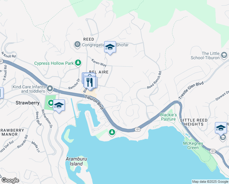 map of restaurants, bars, coffee shops, grocery stores, and more near 12 Circle Drive in Tiburon