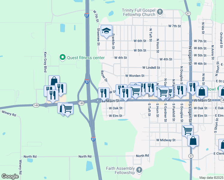 map of restaurants, bars, coffee shops, grocery stores, and more near 1201-1299 West Saint Louis Street in West Frankfort