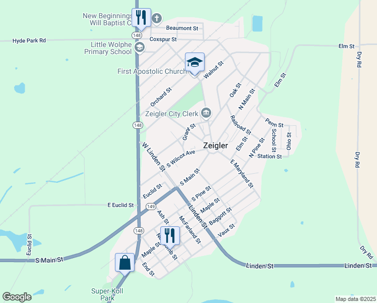 map of restaurants, bars, coffee shops, grocery stores, and more near 201-299 Wilcox Street in Zeigler