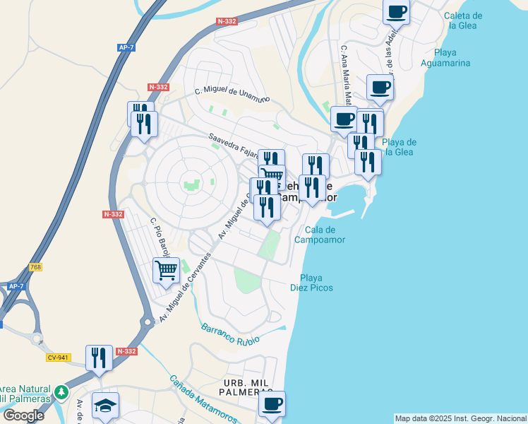 map of restaurants, bars, coffee shops, grocery stores, and more near 2 Calle G a Becque Cmor in Orihuela