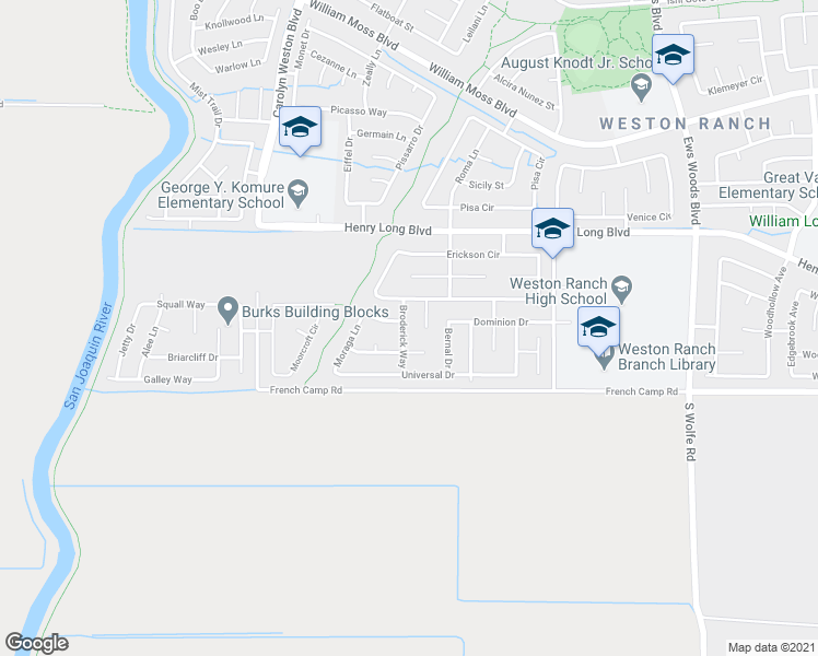 map of restaurants, bars, coffee shops, grocery stores, and more near 4824 Broderick Way in Stockton