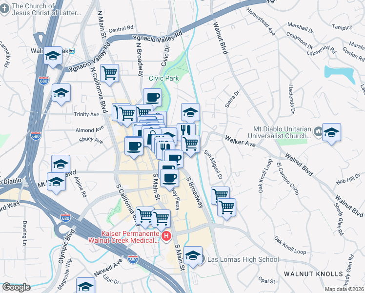 map of restaurants, bars, coffee shops, grocery stores, and more near 1321 Mount Pisgah Road in Walnut Creek