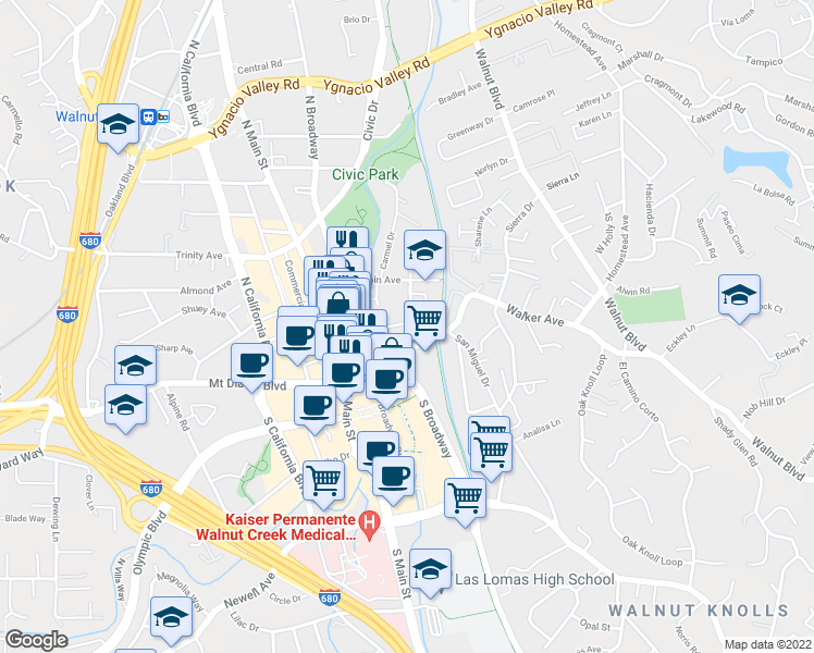map of restaurants, bars, coffee shops, grocery stores, and more near 1321 Mount Pisgah Road in Walnut Creek