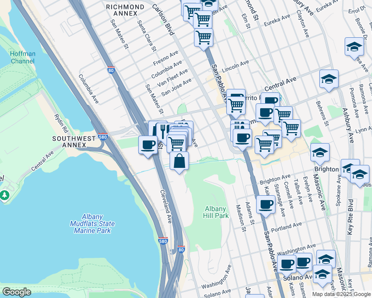 map of restaurants, bars, coffee shops, grocery stores, and more near 3288 Pierce Street in Richmond