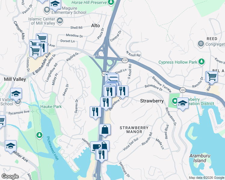 map of restaurants, bars, coffee shops, grocery stores, and more near 600 Strawberry Village in Mill Valley