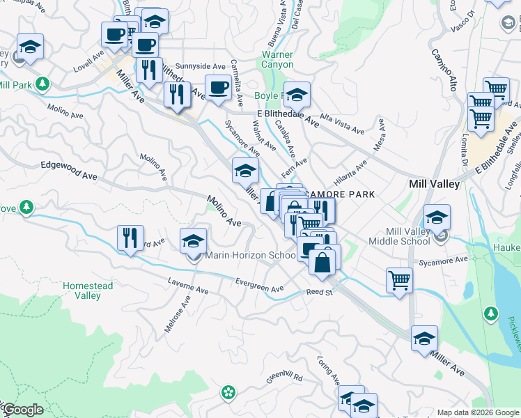 map of restaurants, bars, coffee shops, grocery stores, and more near 306 Miller Avenue in Mill Valley