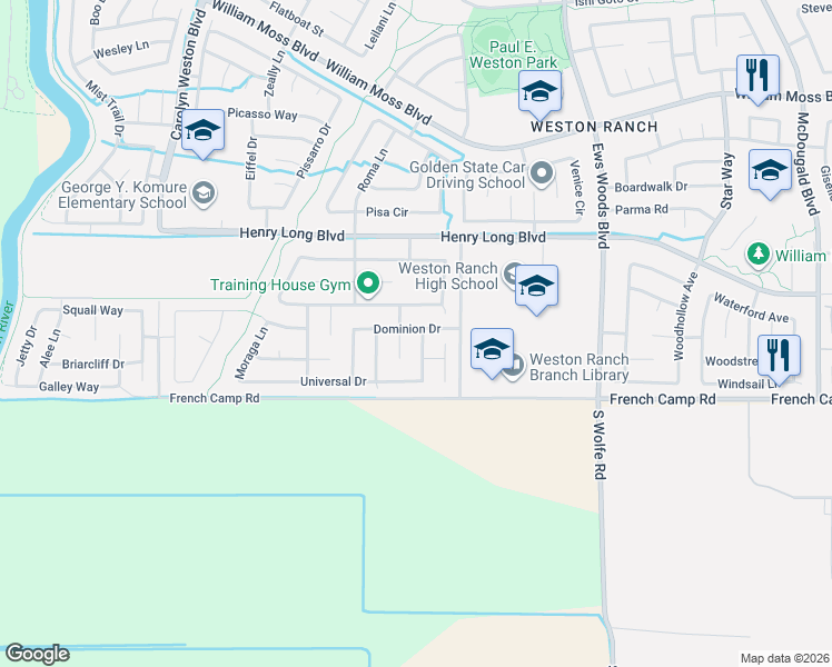 map of restaurants, bars, coffee shops, grocery stores, and more near 4807 Miramare Lane in Stockton